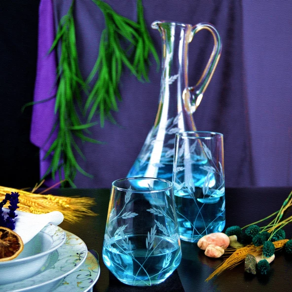 Decocia Kazaan  13 Parça 6 Kişilik  Bardak Seti Dik Karaflı Sürgün Desenli - Resim 2