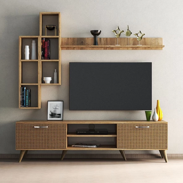 Mega 180 lik Kitaplıklı Raflı Tv Ünitesi Çam Hazeran Kapaklı - TVU0304 - 2