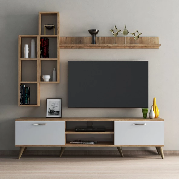Mega 180 lik Kitaplıklı Raflı Tv Ünitesi Çam-Beyaz  - TVU0303 - 2