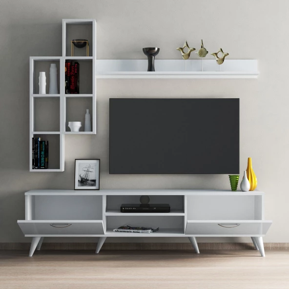 Mega 180 lik Kitaplıklı Raflı Tv Ünitesi Beyaz - TVU0301 - 3