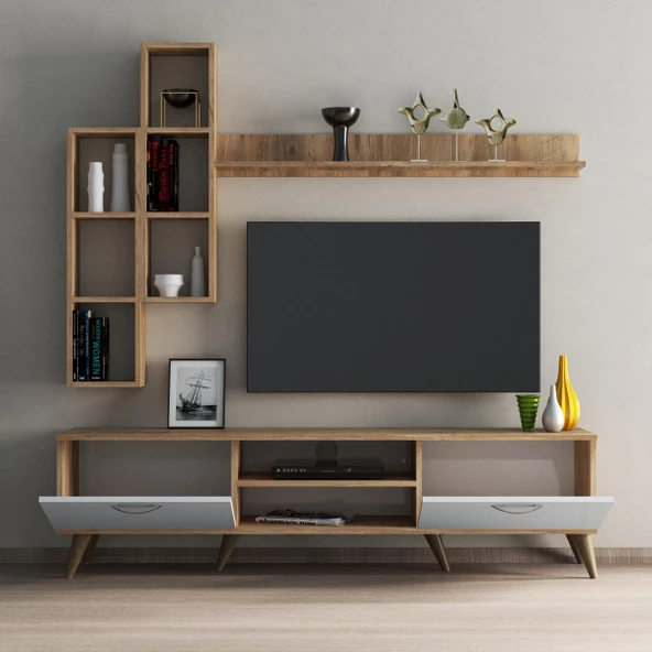 Mega 180 lik Kitaplıklı Raflı Tv Ünitesi Çam-Beyaz  - TVU0303 - 3