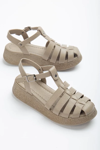 Vizon Hakiki Deri Kadın Kafesli Sandalet - 3