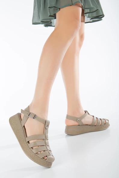 Vizon Hakiki Deri Kadın Kafesli Sandalet - 2