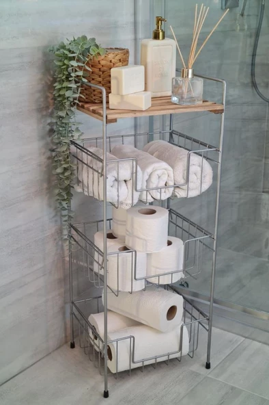 Digithome Ahşap Metal Çok Amaçlı 3 Katlı Banyo Düzenleyici Organizer Gri - NI22RAF002-KRM- HYT C1-1-140