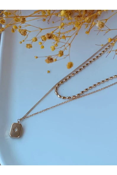 Çelik Şık Ve Tarz Ucu Zirkon Taş Detaylı Çift Zincir Kolye - 2