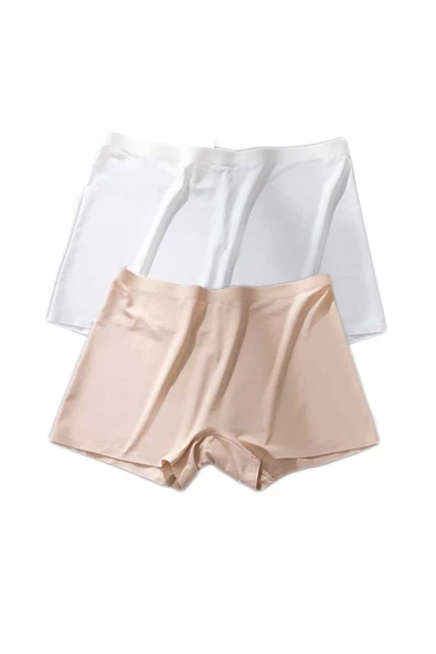 2 Adet Kadın Dikişsiz Görünmez İz Yapmaz Mini Şort Boxer Beyaz Ten - Resim 2