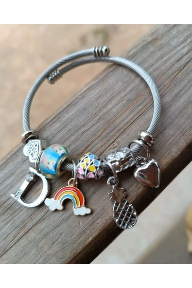 Charmlı Gökkuşağı Ananas Çelik Bileklik Anneler Gününe Özel ürün görseli 1