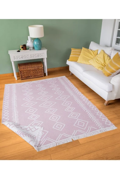 Duo Beyaz Pembe Çift Taraflı Yıkanabilir Dokuma Kilim 23000A