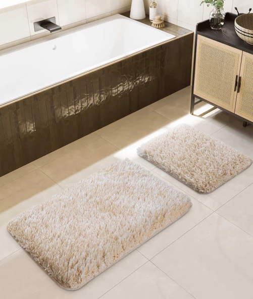 Douro Shaggy 2li Banyo Paspası Bej Kaydırmaz Taban 60 x 100 - 50 x 60