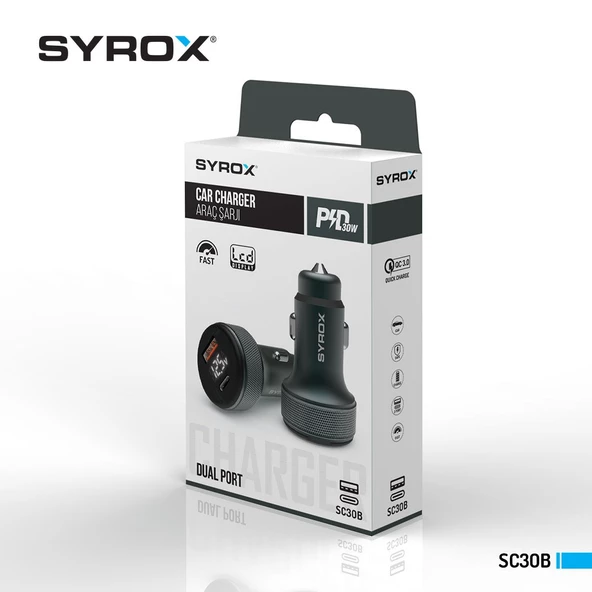 Syrox SC30B Araç Çakmaklık Şarj Aleti PD30W, 3.1Amper LCD Ekran - 2