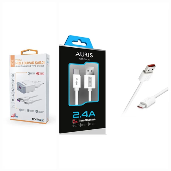 Syrox Type-C Girişli Hızlı Şarj Cihazı Seti + Auris CB06 2m USB To Type-C Kablo 3.4A