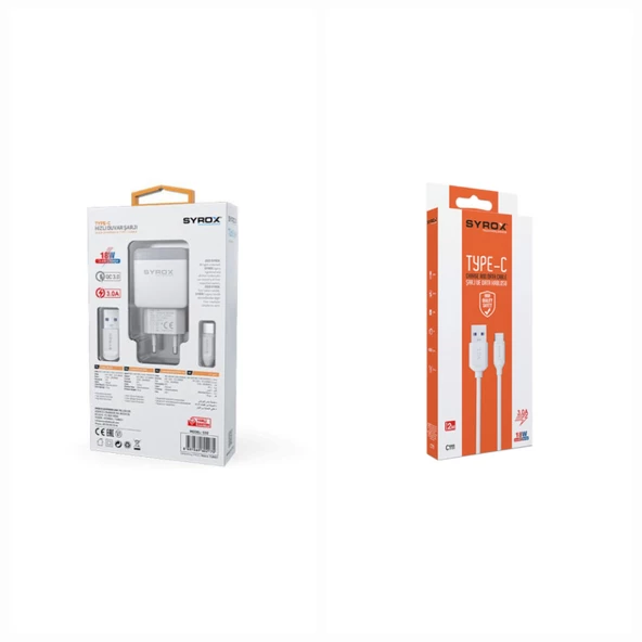 Syrox Q32 Type-C Hızlı Quick Şarj Aleti 3.0A + Syrox C111 2 Metre Type-C Şarj ve Data Kablosu - 2