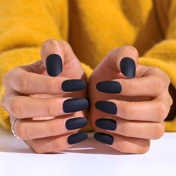 12 Adet Kendinden Yapışkanlı Tak ve Çık Mat Siyah Takma Tırnak - 4