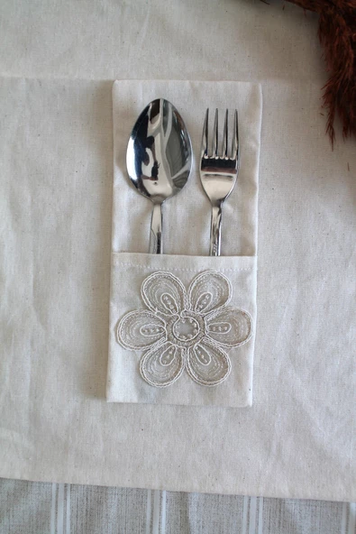 6 Adet Çiçek Dantelli Krem Keten Kaşıklık Servis Sunum - Table Decor - 6