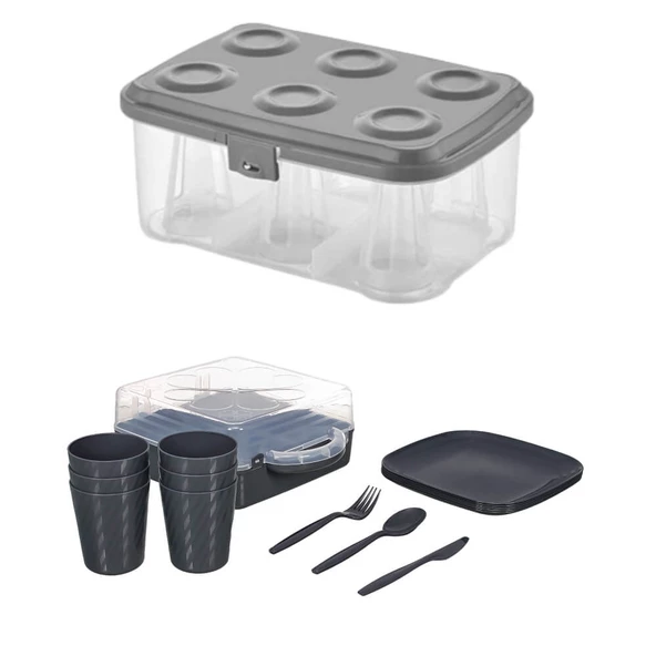 Piev Urve 6 Kişilik Kamp Seyahat Piknik Seti ve Çay Bardak Taşıma Aparatı Kabı 2 si 1 Arada Antrasit - 4