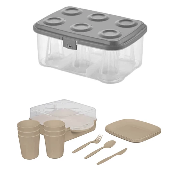 Piev Urve 6 Kişilik Kamp Seyahat Piknik Seti ve Çay Bardak Taşıma Aparatı Kabı 2 si 1 Arada Cappuccino - 4