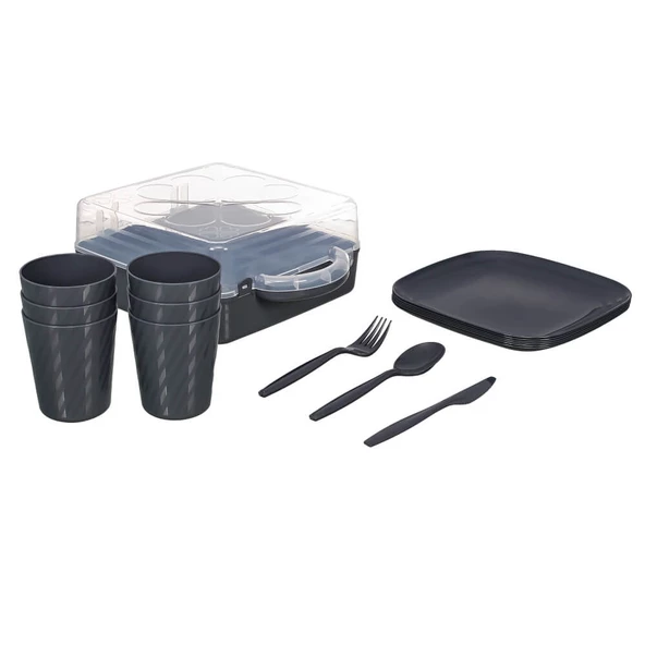 Piev Urve 6 Kişilik Kamp Seyahat Piknik Seti ve Çay Bardak Taşıma Aparatı Kabı 2 si 1 Arada Antrasit - 2