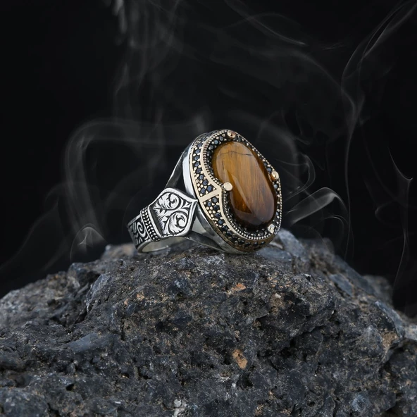 Yeni Tasarım Kaplangözü Taşlı Motifli Gümüş Erkek Yüzük