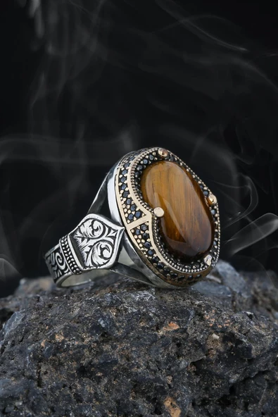 Yeni Tasarım Kaplangözü Taşlı Motifli Gümüş Erkek Yüzük - 3