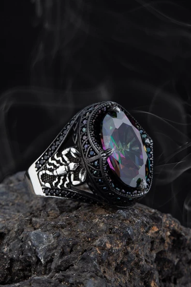 Mistik Topaz Taşlı Akrep Motifli Gümüş Erkek Yüzük - 3