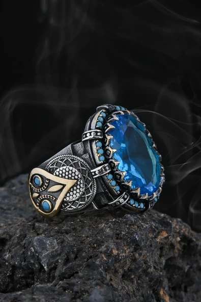 Aqua Taşlı Yanı Motifli Gümüş Erkek Yüzük - 3