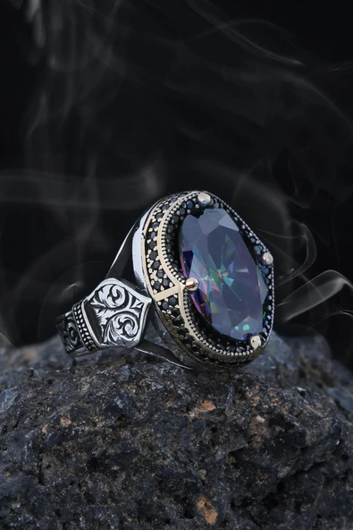 Yeni Tasarım Mistik Topaz Taşlı Motifli Gümüş Erkek Yüzük - Resim 3