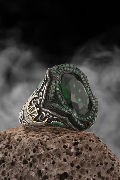 Yeşil Taşlı Faset Kesim Adalet Terazisi 925 Gümüş Erkek Yüzük - 3