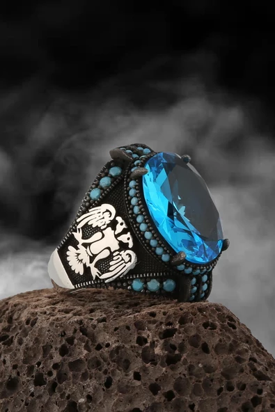 Aqua Taşlı Kartal Gümüş Erkek Yüzük - 3