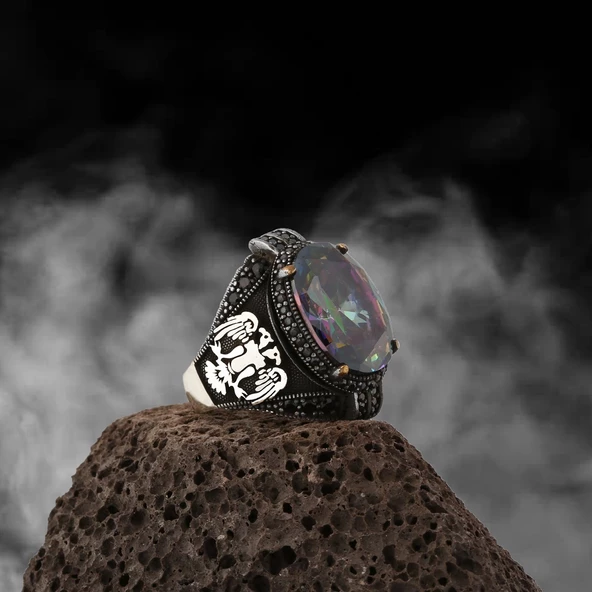 Mistik Topaz Taşlı Çift Başlı Kartal Gümüş Erkek Yüzük - 2