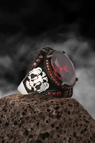 Kırmızı Taşlı Kartal Gümüş Erkek Yüzük - 3