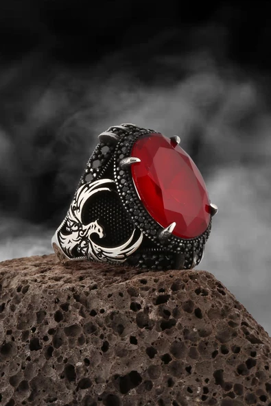 Kırmızı Taşlı Kartal Karartmalı Gümüş Erkek Yüzük - 3