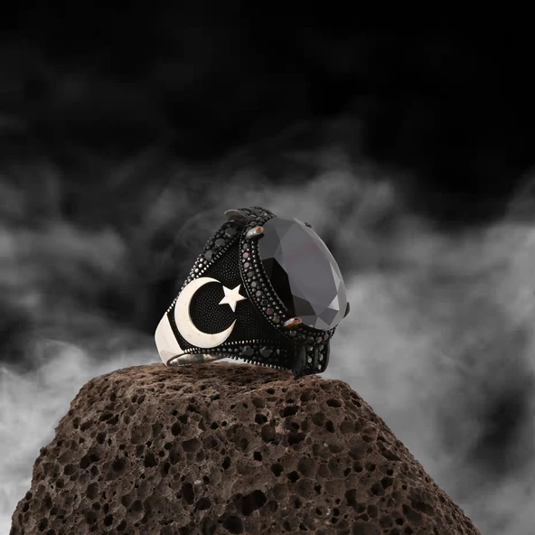 Siyah Taşlı Karartmalı Ayyıldız Gümüş Erkek Yüzük - 2