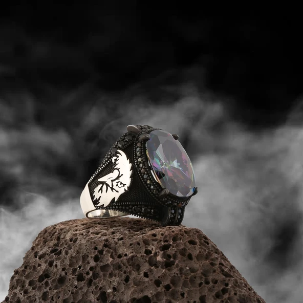 Mistik Topaz Taşlı Kartal Gümüş Erkek Yüzük