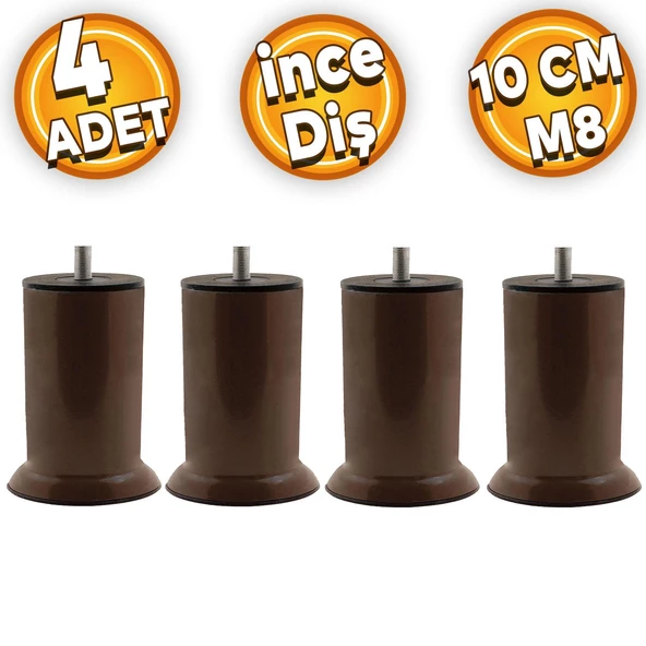 Mobilya Koltuk Kanepe Dolap Baza Yatak Yükseltme Ayağı Ince Diş M8 Metal Kahve Ayakları 10 Cm 4 Adet