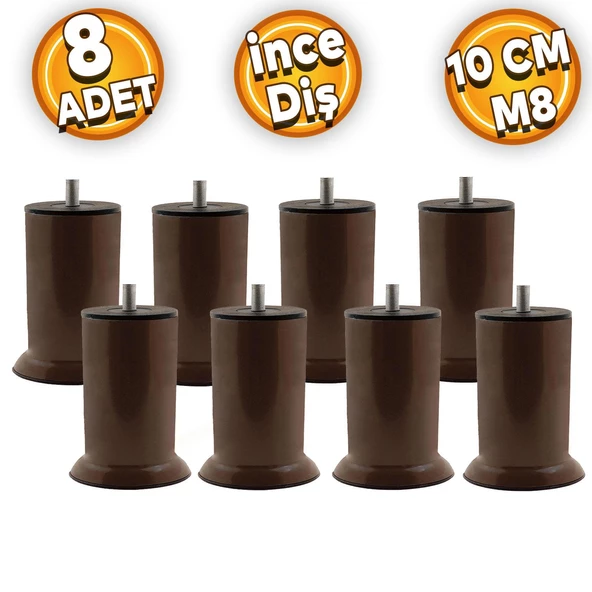 Mobilya Dolap Baza Yatak Çekyat Koltuk Kanepe Ayağı Ince Diş M8 Metal Kahve Ayakları 10 Cm 8 Adet