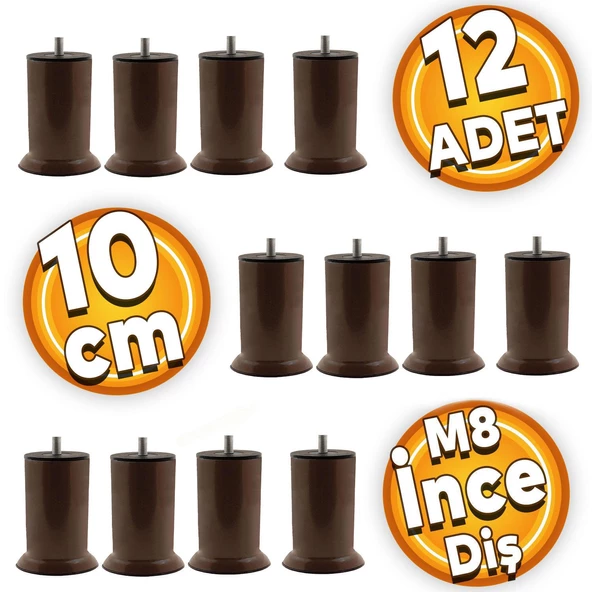 Mobilya Baza Koltuk Kanepe Dolap Yükseltme Ayağı Ayakları Ince Diş Metal M8 Kahverengi 10 Cm 12 Adet
