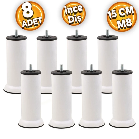 Mobilya Kanepe Baza Koltuk Çekyat Yükseltme Ayağı Ince Diş M8 Beyaz Metal Ayakları 15 Cm 8 Adet