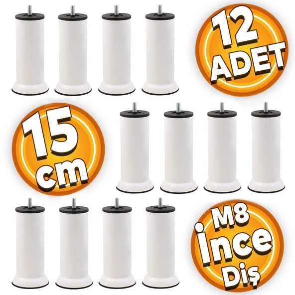 Mobilya Kanepe Baza Koltuk Çekyat Yükseltme Ayağı M8 15 Cm Beyaz Metal Ince Diş Ayakları 12 Adet