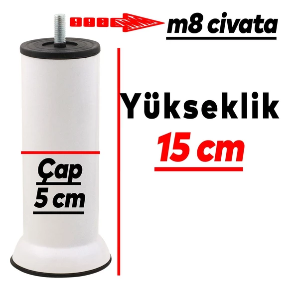 Mobilya Kanepe Baza Koltuk Çekyat Yükseltme Ayağı M8 15 Cm Beyaz Metal Ince Diş Ayakları 12 Adet - 4
