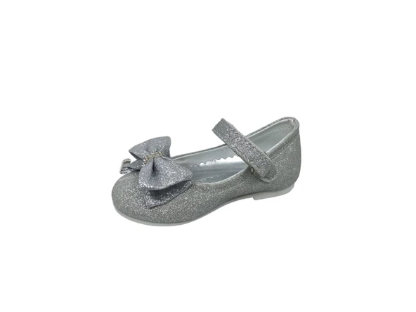 Zerhan 100 Kız Bebek Çocuk Gri Simli Fiyonklu Cırtlı Babet - Resim 3