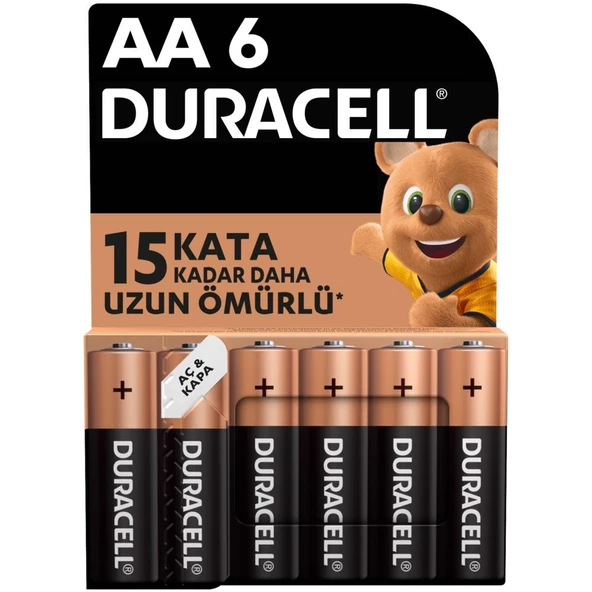 Duracell Alkalin AA Kalem Piller, 6'lı Paket