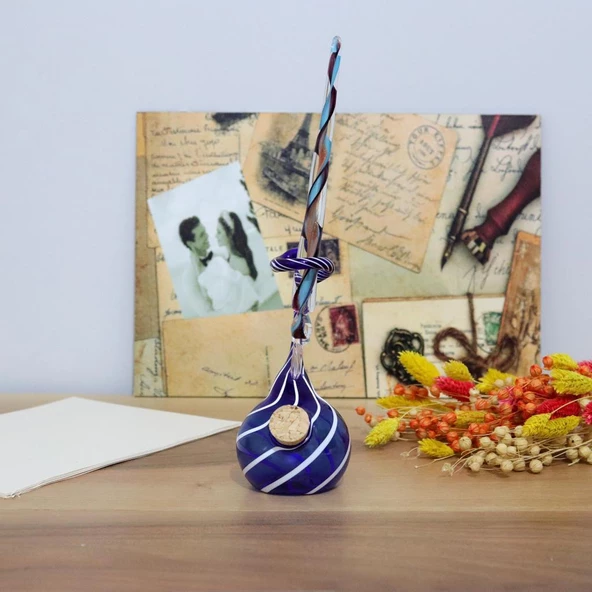 Veraart Kişiselleştirilmiş El Yapımı Murano Cam Ahşap Kutulu Cam Kalem Hokkalı Albert 109 - 12