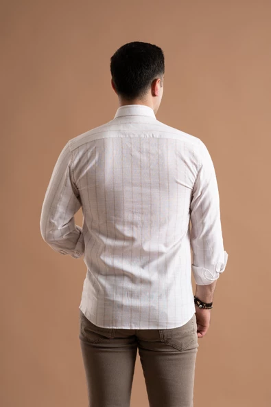 EVRYTİME SLİMFİT PAMUKLU ÇİZGİLİ YAKA DÜĞMELİ UZUN KOL ERKEK YAZLIK GÖMLEK - Resim 4