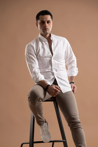 EVRYTİME SLİMFİT PAMUKLU ÇİZGİLİ YAKA DÜĞMELİ UZUN KOL ERKEK YAZLIK GÖMLEK - Resim 2