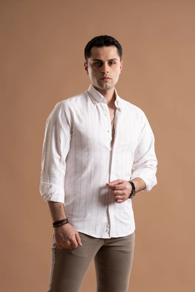 EVRYTİME SLİMFİT PAMUKLU ÇİZGİLİ YAKA DÜĞMELİ UZUN KOL ERKEK YAZLIK GÖMLEK - Resim 3