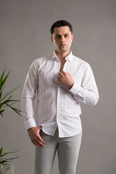 EVRYTİME SLİMFİT PAMUKLU ÇİZGİLİ YAKA DÜĞMELİ UZUN KOL ERKEK YAZLIK GÖMLEK - Resim 10