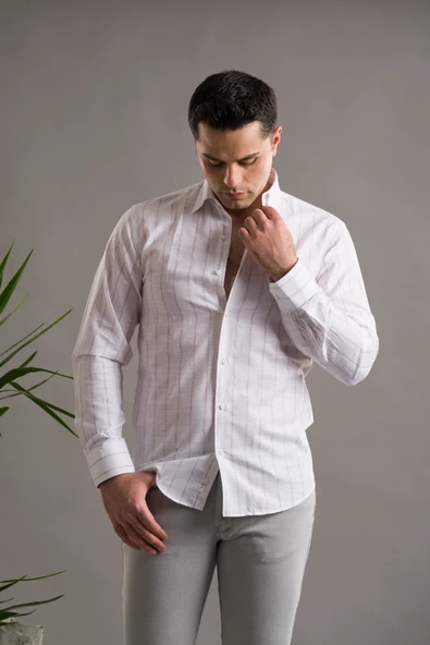 EVRYTİME SLİMFİT PAMUKLU ÇİZGİLİ YAKA DÜĞMELİ UZUN KOL ERKEK YAZLIK GÖMLEK - Resim 9