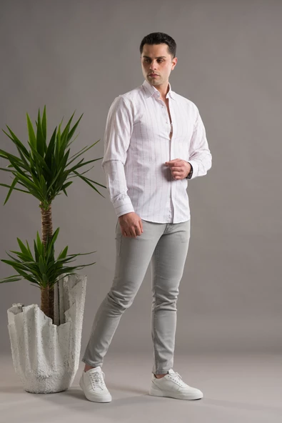 EVRYTİME SLİMFİT PAMUKLU ÇİZGİLİ YAKA DÜĞMELİ UZUN KOL ERKEK YAZLIK GÖMLEK - Resim 7