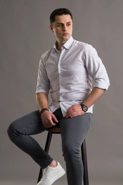 EVRYTİME SLİMFİT YAKA DÜĞMELİ ÇİZGİLİ UZUN KOL YAZLIK ERKEK GÖMLEK - Resim 12