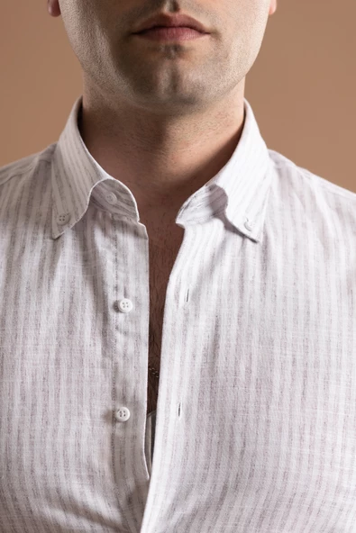 EVRYTİME SLİMFİT YAKA DÜĞMELİ ÇİZGİLİ UZUN KOL YAZLIK ERKEK GÖMLEK - Resim 4